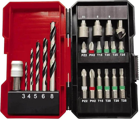 22 piece accessory kit with drill bits and screw bits for Rock Solid 18V Cordless Drill Driver With Kickass 45 Nm Torque.