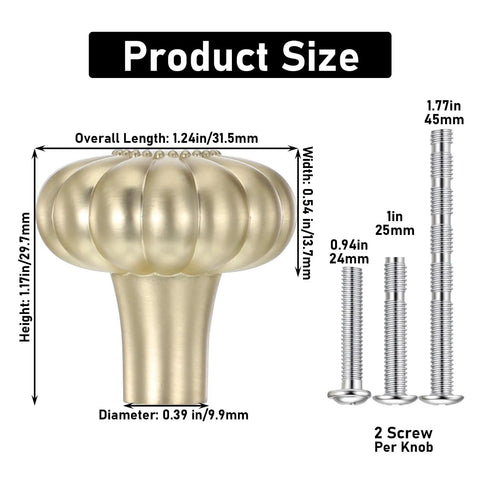 Two Pack Brushed Gold Cabinet Knobs Set For Drawers And Doors, detailed dimensions with screws, solid zinc alloy construction