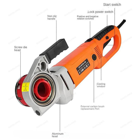 Heavy Duty Handheld Electric Pipe Threading Machine Powered By A Pure Copper Motor And Features A Heavy Duty Six Head Die Set To Nail Plumbing Installations Quick showing non-slip handle, screw die head, and cooling window.