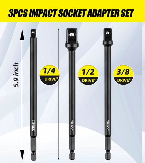 Beefy Impact Grade Socket Adapter Set With Holder, Quick Change Hex Shank, Fits 1/4, 3/8, 1/2 Inch Drives, Includes Three 3-Inch And Three 6-Inch Extensions, For Power Drills And High Speed Impact Wrenches