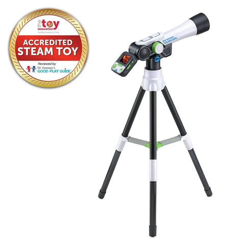 Totally Kid Friendly Space Explorer Telescope With Two Point Four Inch Video Screen And 110x Zoom Moon Viewing And Adventure Game Digital Telescope For Learning And Outdoor Stargazing, black and white on tripod