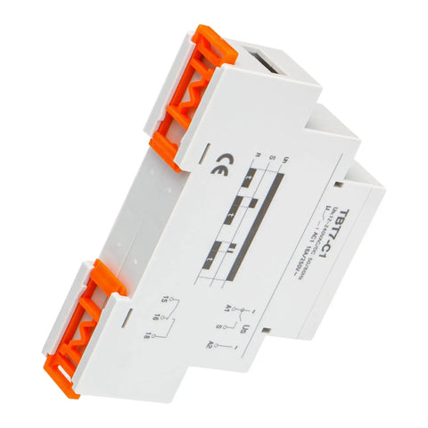 Beefy Delay Off Timer Relay 16A 1-SPDT with Universal 12-240V ACDC Power Range, TBT7-C1 Pro Auto Off for Home, Shop, and Industrial Controls, Works With 12V to 240V In One Unit mounted DIN rail relay with orange terminals