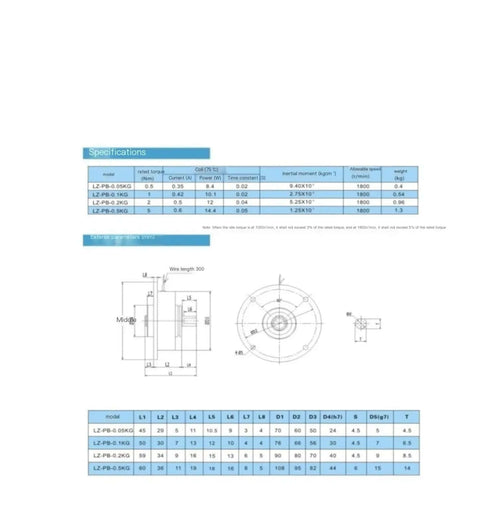 Technical diagram of Industrial Magnetic Powder Brake for Single Shaft Tension Control, 5 Nm Torque, with specifications