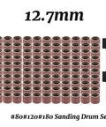Kickass 12 Point 7 Millimeter Sanding Drum Kit Offering No Sweat Operation With Tight Grip Abrasive Bands In Eighty One Twenty One Eighty Grits For Rapid Rust Removal Jobs - Set of 100 sanding sleeves with 7mm arbour.