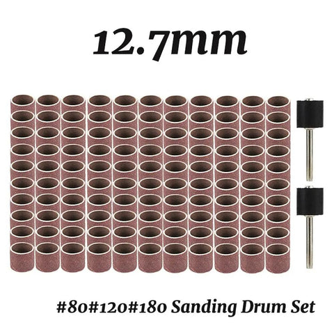 Kickass 12 Point 7 Millimeter Sanding Drum Kit Offering No Sweat Operation With Tight Grip Abrasive Bands In Eighty One Twenty One Eighty Grits For Rapid Rust Removal Jobs - Set of 100 sanding sleeves with 7mm arbour.