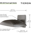 120W LED flood light details showing dimensions and tilt functionality with a dark bronze finish on wall mount bracket.