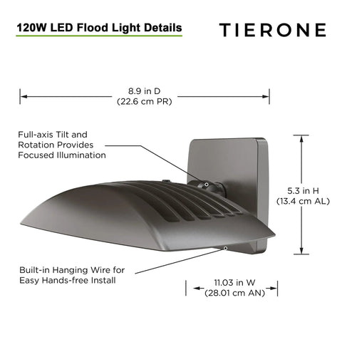 120W LED flood light details showing dimensions and tilt functionality with a dark bronze finish on wall mount bracket.
