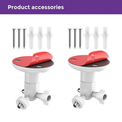 2 Pack No Drill Camera Wall Mount Bracket For Ring And Wyze Security Cameras with screw base and red adhesive pads.