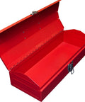 Open red Hip Roof Portable Steel Tool Box Organizer For Home, Garage And Job Site, Tough As Nails Heavy Duty Metal Storage Chest With Rugged Powder Coat Finish, Secure Latch, Removable Tray, And Easy Carry Handle For Pros.