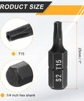 Rock Solid Five Piece T15 Torx Screwdriver Bits With Center Hole For Hammer Drill And Impact Drivers 1/4 Inch Hex Shank One Inch Long Premium Heat Treated S2 Steel Tough As Nails Power Tool Bits Black showing product size and details.