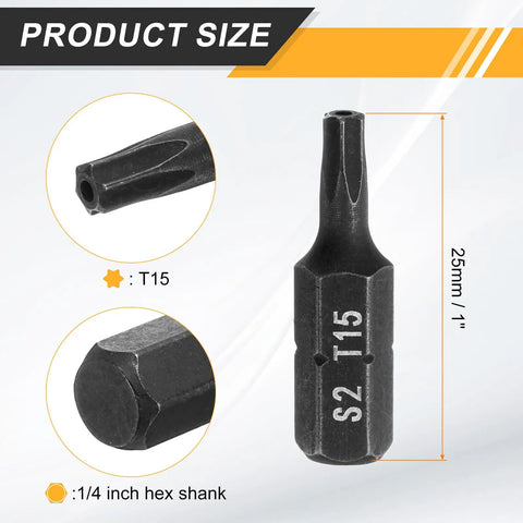 Rock Solid Five Piece T15 Torx Screwdriver Bits With Center Hole For Hammer Drill And Impact Drivers 1/4 Inch Hex Shank One Inch Long Premium Heat Treated S2 Steel Tough As Nails Power Tool Bits Black showing product size and details.