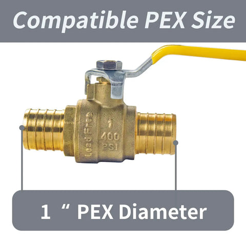 Five Pack 1 Inch By 1 Inch PEX Ball Valve Full Port Water Shut Off Kit With Ten Stainless Steel Cinch Crimp Rings UPC Certified Easy Clamp