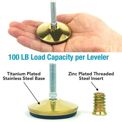 Adjustable Swivel Leg Levelers with Threaded Feet showing titanium plated base and zinc plated insert