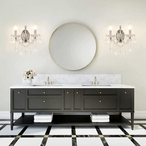 Snag These Cool Crystal Wall Sconces Boasting A Maria Theresa Design With Two Brilliant Lights above bathroom vanity
