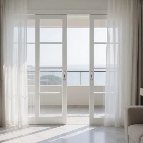 View through white sliding doors with sheer curtains revealing an outdoor balcony and ocean scene.