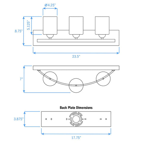 Dimension diagram of Modern Snazzy Bathroom Vanity Light Fixture With Globe Shades In Brushed Nickel Or Oil Rubbed Bronze 3 Light Bar