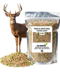 Bag of Pea And Oat Cover Crop Mix For Deer Go To Food Plots Non GMO Annual Nitrogen Fixer with deer and loose seeds on foreground.