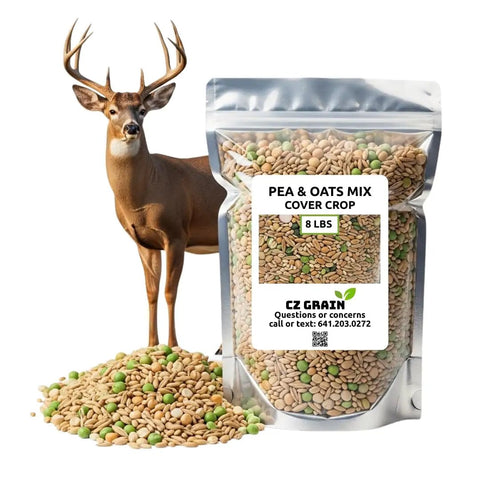 Bag of Pea And Oat Cover Crop Mix For Deer Go To Food Plots Non GMO Annual Nitrogen Fixer with deer and loose seeds on foreground.
