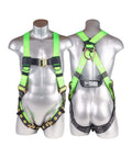 Jobsite Ready Full Body Construction Harness with 5 Point Adjustment, Back D Ring, Grommet Leg Straps, HiVis Green universal size