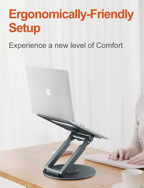Telescopic Laptop Stand For Desk With 360 Degree Swivel Base Sit To Stand Height Adjustable Portable Riser in use with MacBook Pro