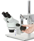 Professional Binocular Stereo Zoom Microscope With Boom Stand, Long Working Distance, Great for Circuit Boards and Dental Appliances, 10X Super Widefield Eyepieces, Adjustable Interpupillary, Clear, Workhorse side view with hand adjusting focus