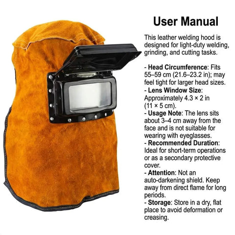 Leather Welding Hood With Flip Open Lens For Face, Head And Neck Protection, Breathable Cowhide Shield Mask, flame resistant