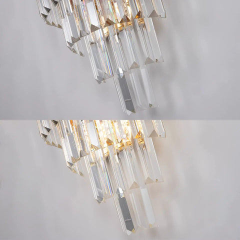 Gold Crystal Wall Sconce Lighting Fixture With Four Tier K9 Crystals showcasing clear glass rods and warm glow.