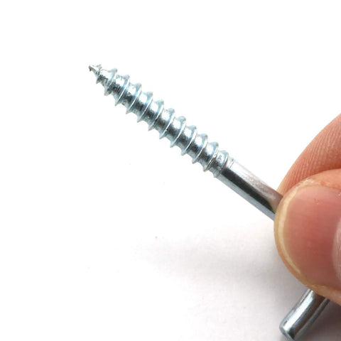 Close-up of Hardcore Zinc Plated Square Bend Hook M5 Lag Screw held between fingers, showcasing its heavy-duty carbon steel design.