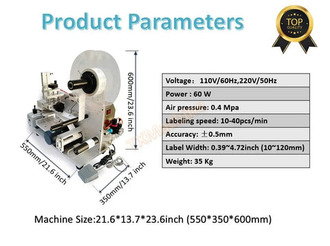 Top Tier Flat Surface Labeling Machine With Solid Vacuum Pump For Self Adhesive Labels specifications on a white background.