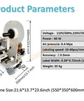 Heavy Duty Semi Automatic Flat Surface Labeling Machine With Vacuum Pump, detailed technical specifications and dimensions.