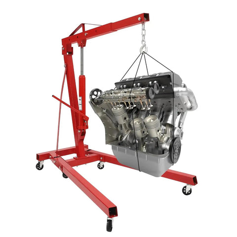 Heavy Duty 2 Ton Hydraulic Engine Hoist Cherry Picker Shop Crane With Telescopic Boom and Dual Wheel Casters lifting an engine
