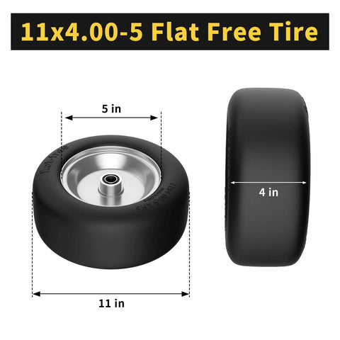 Flat Free 11x4-5 Lawn Mower Front Tires For Zero Turn Mowers, Solid Tire With Three Quarter, Five Eighths And One Half Bearings