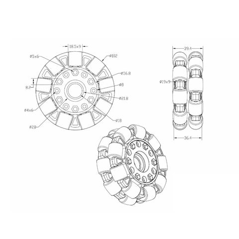 Uxsiya 100mm omni-directional robot wheel with center bearing; CAD top, side and isometric views.