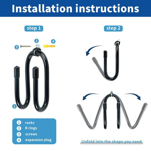 Installation steps for Pack Of 2 Bow Hanger Wall Mounts Adjustable Bow Holder Rack For Display And Storage with screws and rings.