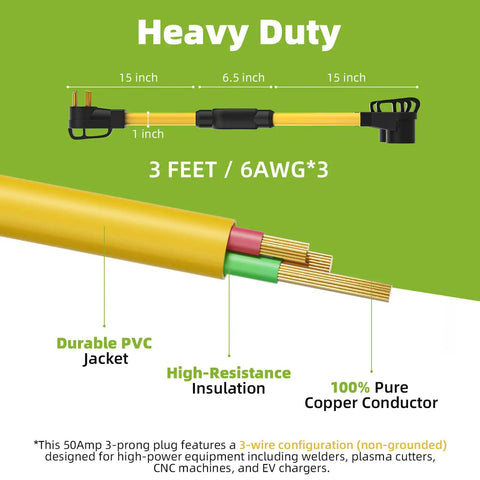 Kickass Heavy Duty 50 Amp NEMA 6-50P To Dual 6-50R Y Splitter Adapter Cord For Welders And EV Chargers, 3ft 6AWG pure copper.