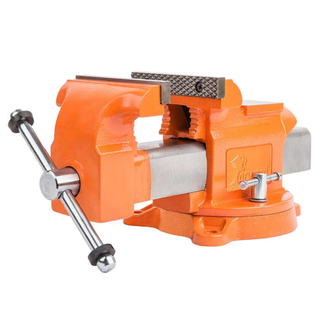 5 Inch ductile iron bench vise with 360 degree swivel base and channel steel guide bar, 5500 lbs clamping, orange finish