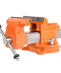Beefy 4 Inch Ductile Iron Bench Vise With 360 Degree Swivel Base And Channel Steel Guide Bar For Tight Grips Rubber Washers Reduce Noise Four Inch Jaw Pipe Capacity From Half Inch To One And A Half Inch Heavy Duty Shop Tool