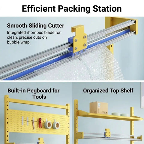 Heavy Duty Packing Station With Upgraded Cutter And Steel Bubble Roll Dispenser Stand Mobile Shipping Prep Cart Built Tough For The Daily Grind And Ecommerce Shipments, featuring smooth sliding cutter and organized pegboard for tools.