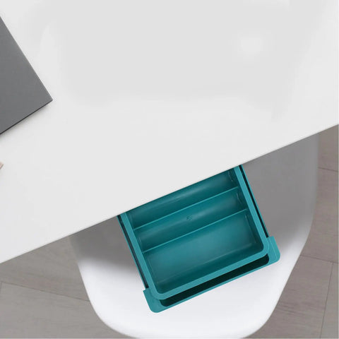 Under Desk Storage Tray With Three Tier Drawers, Plastic Desktop Organizer shown beneath white desk, top view