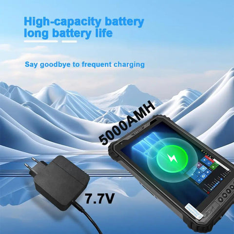 Built Like A Tank Industrial Rugged Tablet With Built In Barcode Scanner Running Windows 11 Pro, showing battery and charger.