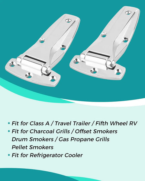 Two Pack Heavy Duty Chrome Zinc Alloy R V Door Hinges For Travel Trailers And Fifth Wheel Campers Plus Walk In Refrigeration Cooler Mounts And Bbq Grill Smocer Hardware Kit Wit Complete Bolt Set Inclued, chrome hinges for grills and trailers
