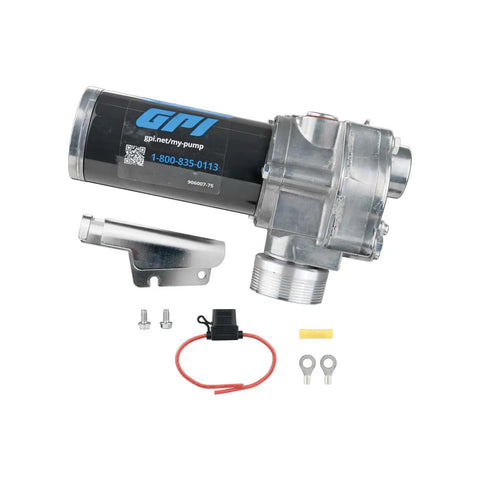 Built Tough 12V Direct Mount Fuel Transfer Pump 15 GPM For Gasoline Diesel Kerosene with metal nozzle holder and accessories.