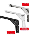 Heavy Duty Folding Shelf Brackets 2 Pack Stainless Steel Collapsible Wall Mounts, silver, black, and white colors displayed.