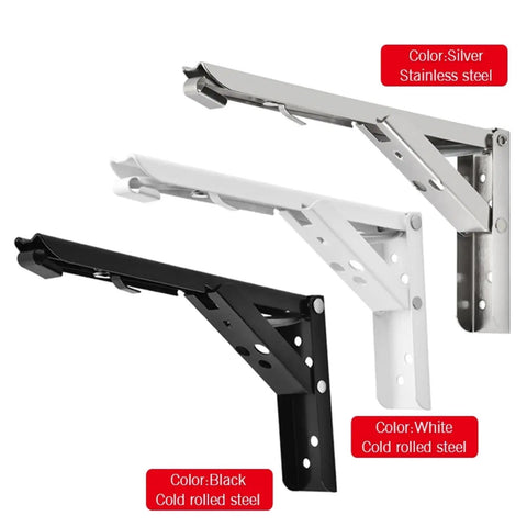 Heavy Duty Folding Shelf Brackets 2 Pack Stainless Steel Collapsible Wall Mounts, silver, black, and white colors displayed.