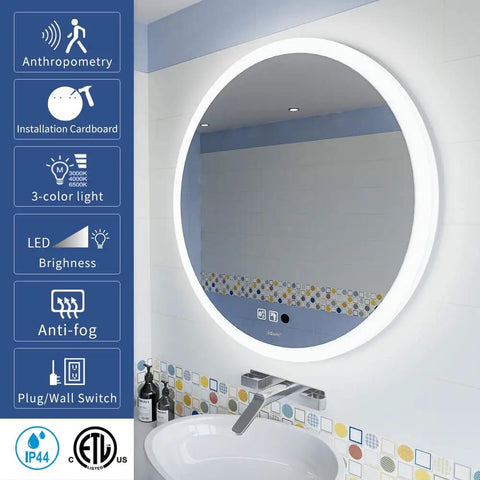 Slick Round 28 Inch LED Bathroom Mirror With Motion Sensor Dimmable Lights Anti Fog IP44 Waterproof Wall Mounted Vanity Mirror