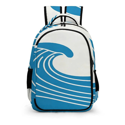Unisex Minimal Wave Art Backpack In Cobalt Blue with large capacity, polyester build, and wave art print front view