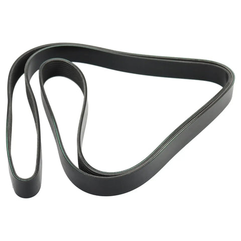Heavy Duty Accessory Drive Belt Tensioner Kit For Trucks Keeps Engines Running Smooth Like Butter To Stop Breakdowns Cold And Save Big Dough On Truck Repairs Ready To Roll Any Time With Direct Fit Design For Long Life. black serpentine belt shown coiled on white background