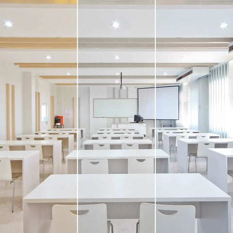 4 Inch LED Recessed Canless Downlight With J Box installed in classroom, showing 3000K, 4000K, 5000K color temps lighting