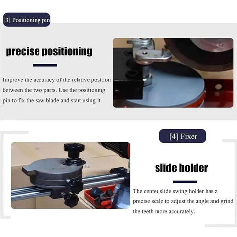 Heavy Duty Electric Saw Blade Sharpener Machine Dry Wet Circular Grinder With Water Cooling And Precision Angle Adjustment 370 Watt Motor showing slide holder and positioning pin.