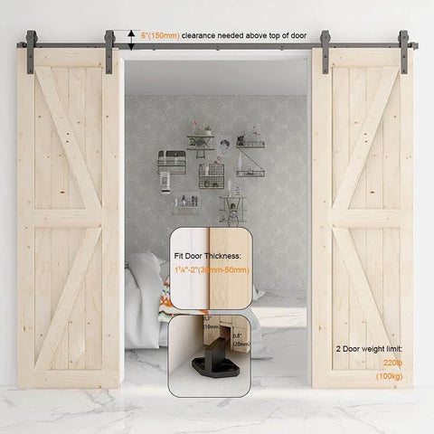 5.5 Foot Sliding Barn Door Hardware Kit Heavy Duty Track For Double Wood Doors installed with natural wood finish